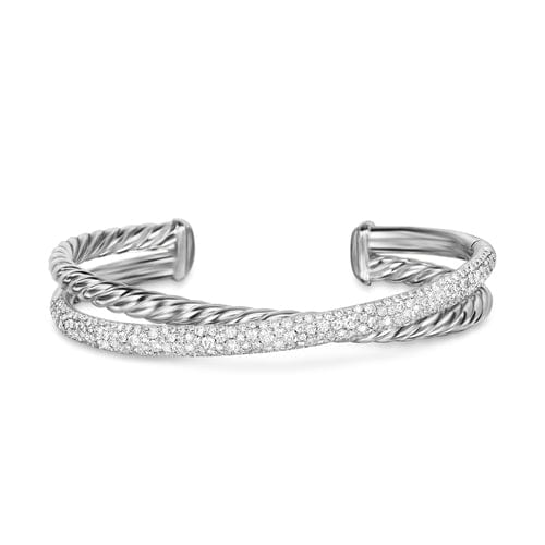 David Yurman Crossover Two Row Cuff Bracelet in Sterling Silver with Diamonds, 11mm, Size Medium