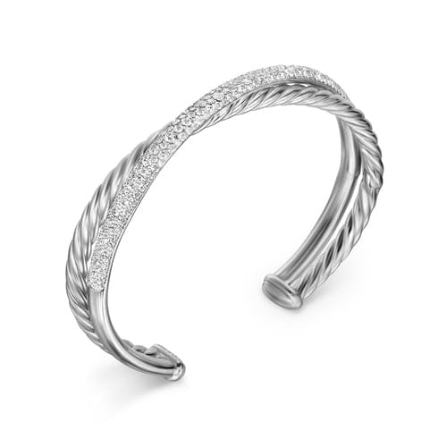 David Yurman Crossover Two Row Cuff Bracelet in Sterling Silver with Diamonds, 11mm, Size Medium