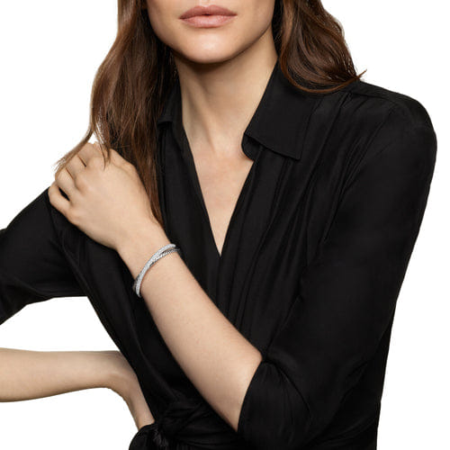 David Yurman Crossover Two Row Cuff Bracelet in Sterling Silver with Diamonds, 11mm, Size Medium