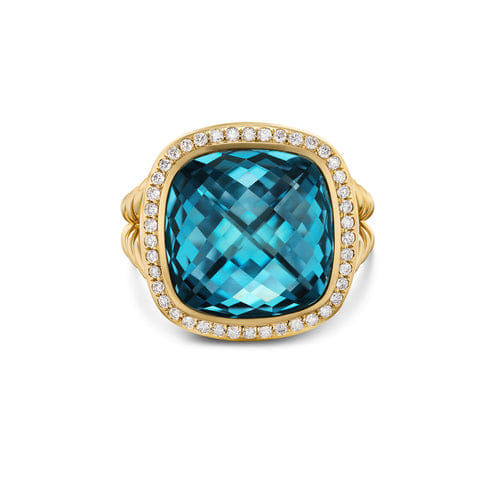 David Yurman Albion Ring in 18K Yellow Gold with Hampton Blue Topaz and Diamonds, 15mm, Size 7