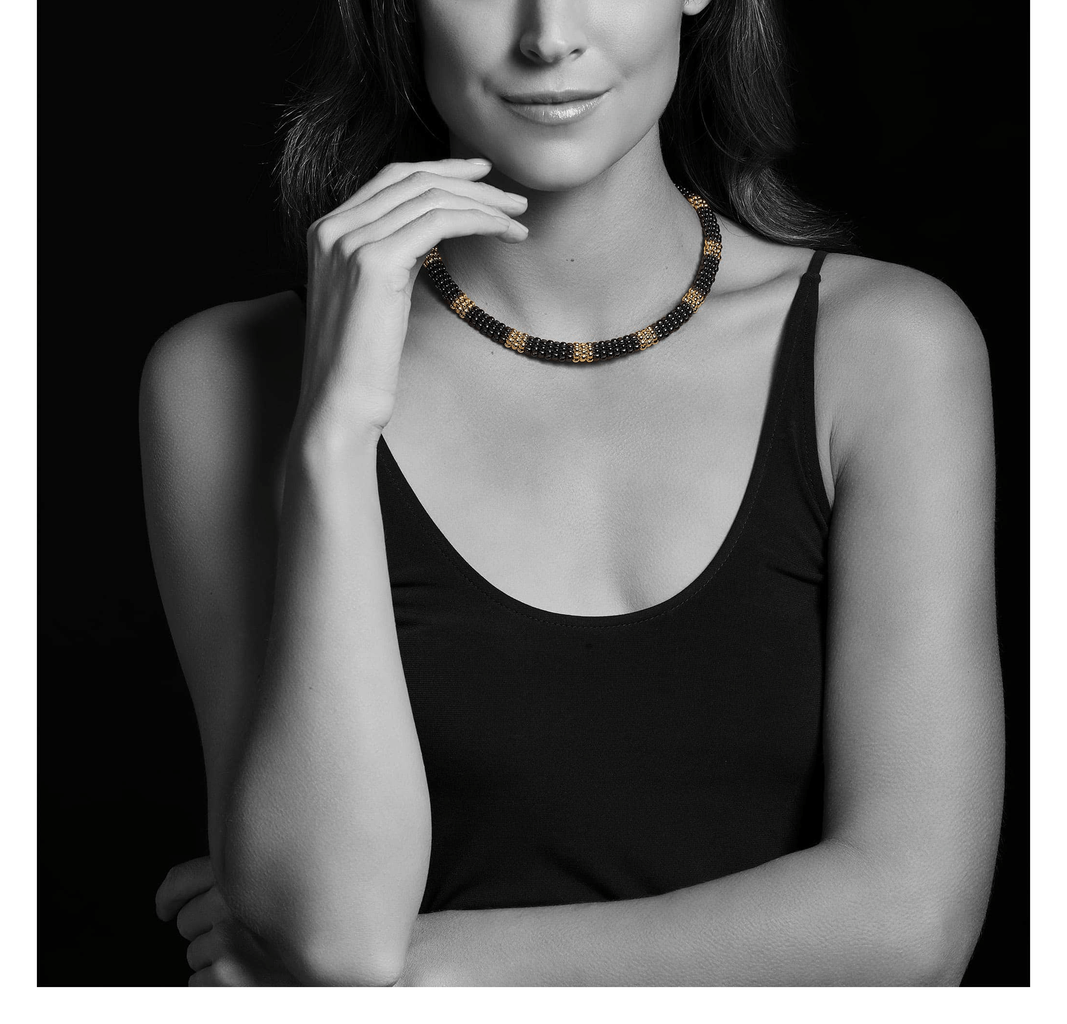 LAGOS Black Caviar 18K Gold Small Station Ceramic Beaded Necklace, 9mm