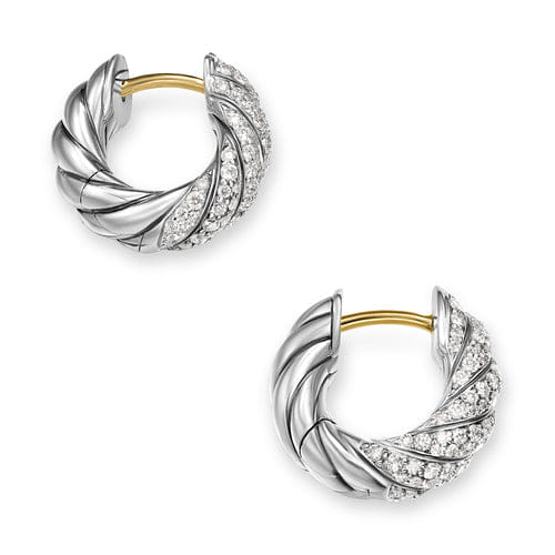 David Yurman Sculpted Cable Hoop Earrings in Sterling Silver with Diamonds, 14.4mm