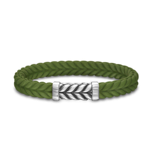 David Yurman Chevron Bracelet in Green Rubber with Sterling Silver, 9mm, Size Medium