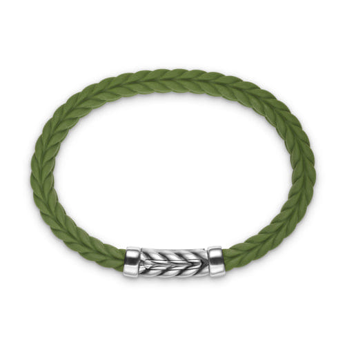 David Yurman Chevron Bracelet in Green Rubber with Sterling Silver, 9mm, Size Medium