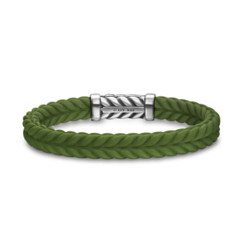 David Yurman Chevron Bracelet in Green Rubber with Sterling Silver, 9mm, Size Medium