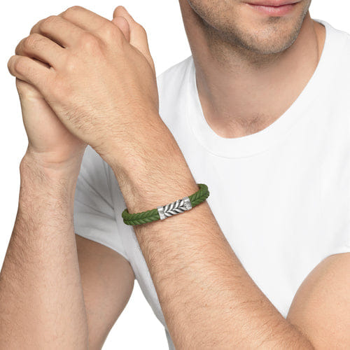 David Yurman Chevron Bracelet in Green Rubber with Sterling Silver, 9mm, Size Medium