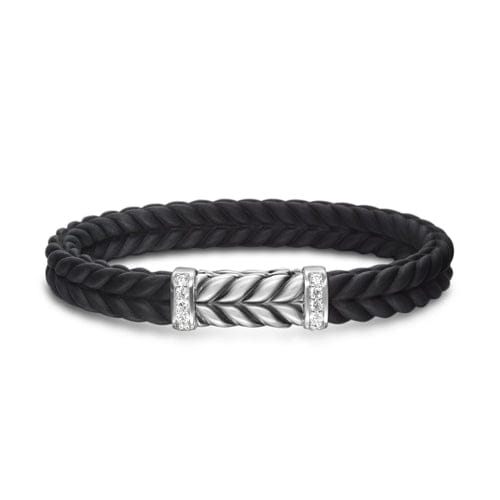 David Yurman Chevron Bracelet in Black Rubber with Diamonds and Sterling Silver, 9mm, Size Medium