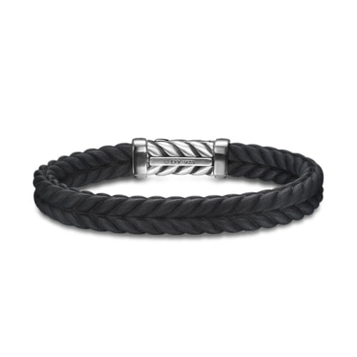 David Yurman Chevron Bracelet in Black Rubber with Diamonds and Sterling Silver, 9mm, Size Large