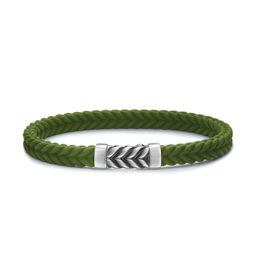 David Yurman Chevron Bracelet in Green Rubber with Sterling Silver, Size Medium