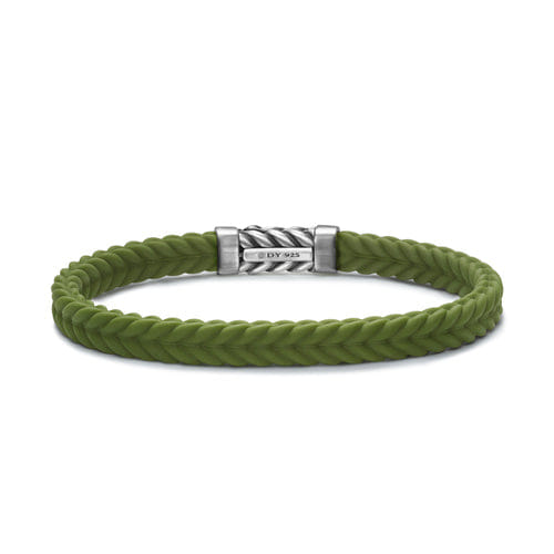 David Yurman Chevron Bracelet in Green Rubber with Sterling Silver, Size Medium