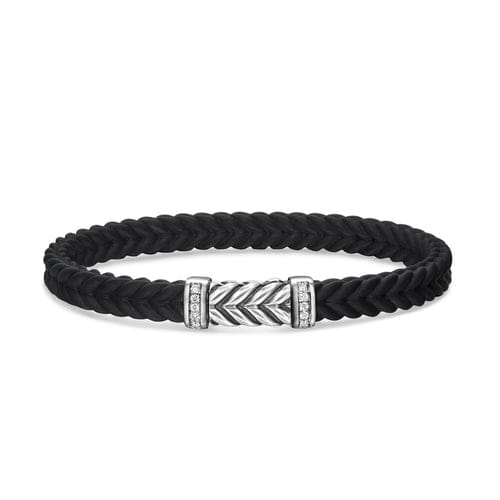 David Yurman Chevron Bracelet in Black Rubber with Diamonds and Sterling Silver, Size Medium
