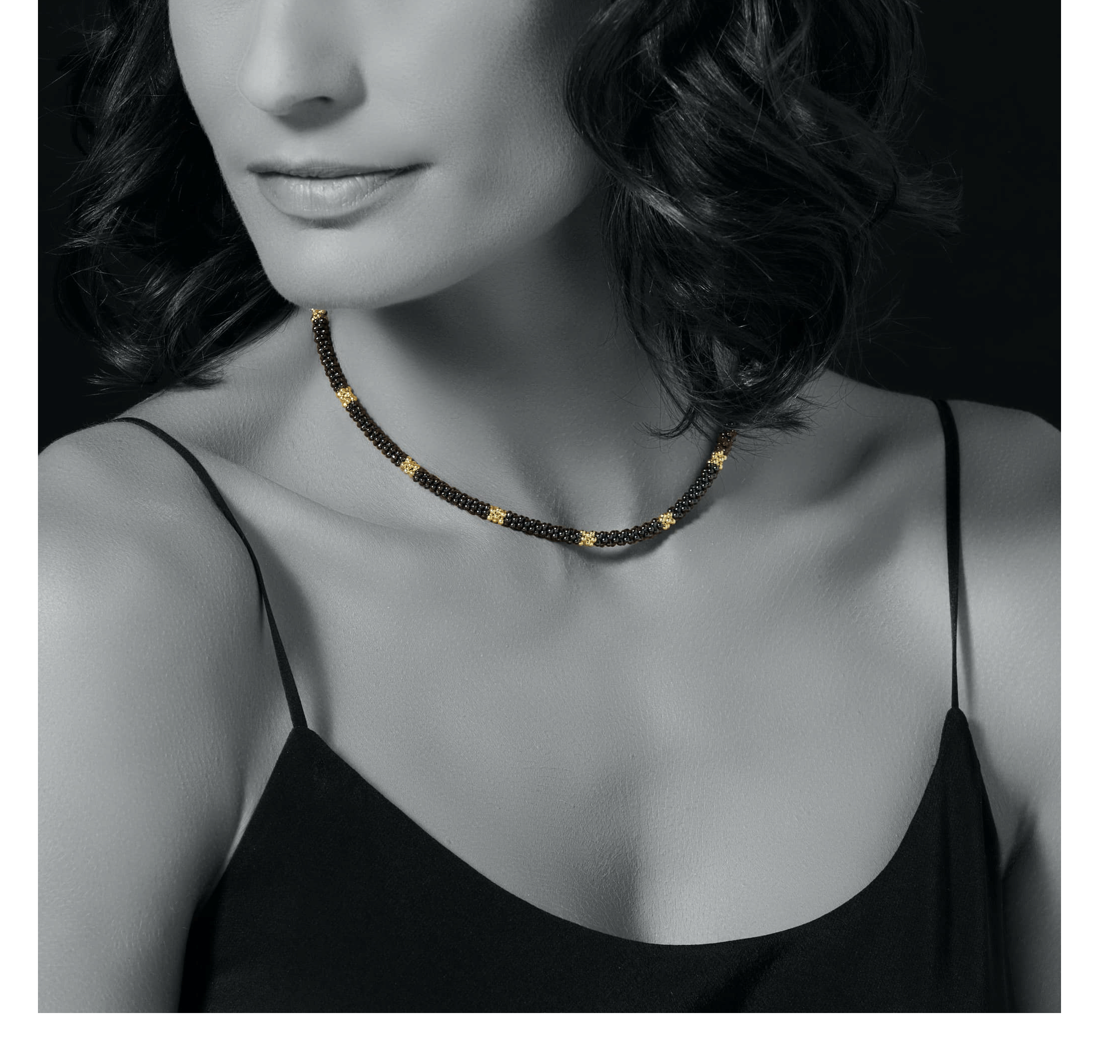 LAGOS Black Caviar 18K Gold Small Station Ceramic Beaded Necklace, 5mm