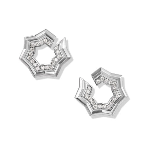 David Yurman Zig Zag Stax Two Row Hoop Earrings in Sterling Silver with Diamonds, 27mm