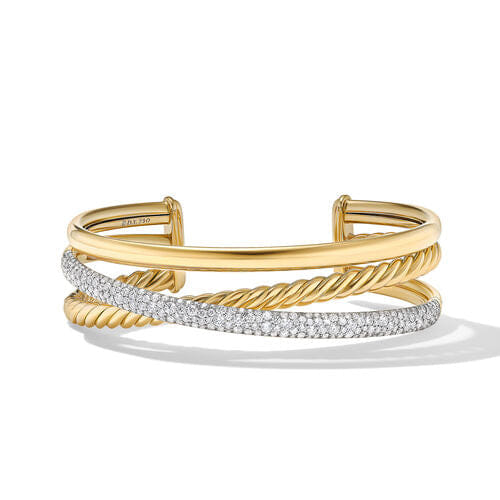 David Yurman Pavé Crossover Three Row Cuff Bracelet in 18K Yellow Gold with Diamonds, Size Medium
