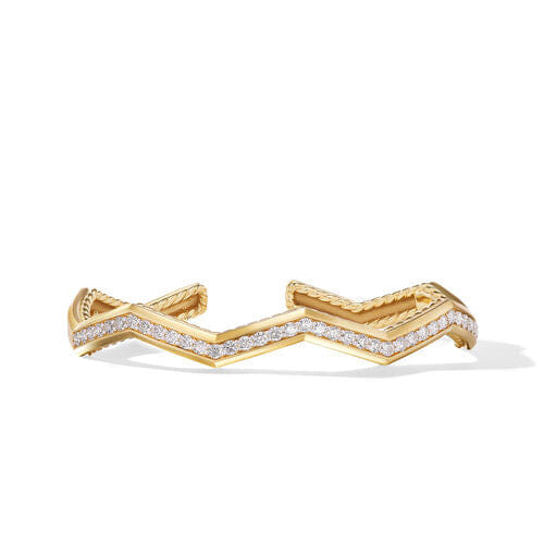 David Yurman Zig Zag Stax Cuff Bracelet in 18K Yellow Gold with Diamonds, Size Medium