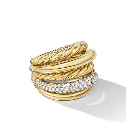 David Yurman DY Mercer Multi Row Ring in 18K Yellow Gold with Diamonds, Size 8