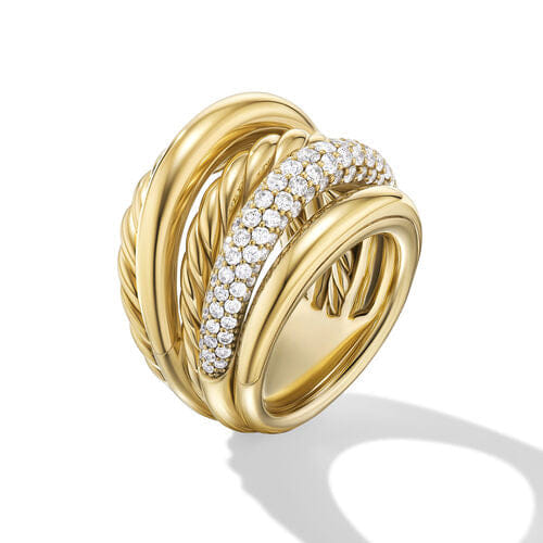 David Yurman DY Mercer Multi Row Ring in 18K Yellow Gold with Diamonds, Size 8
