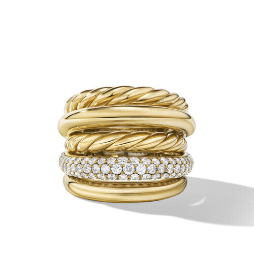 David Yurman DY Mercer Multi Row Ring in 18K Yellow Gold with Diamonds, Size 8