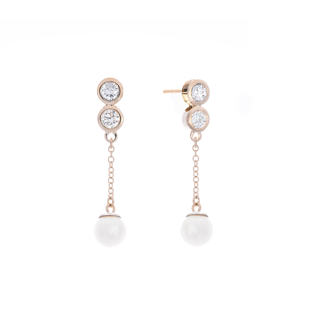 Sabel Collection Yellow Gold Round Diamond and Pearl Dangle Earrings