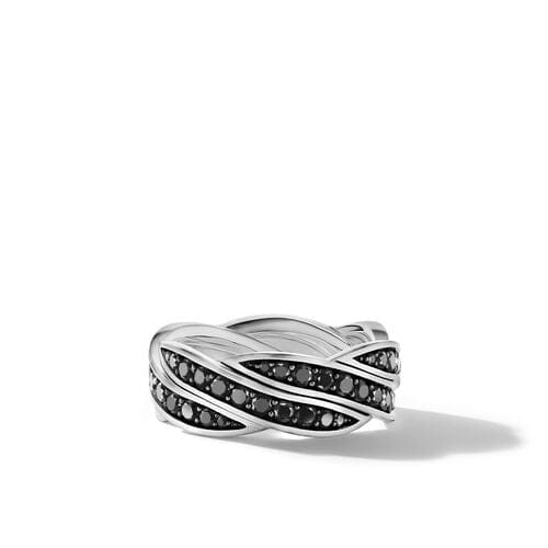 David Yurman DY Helios Band Ring in Sterling Silver with Pavé Black Diamonds, Size 11