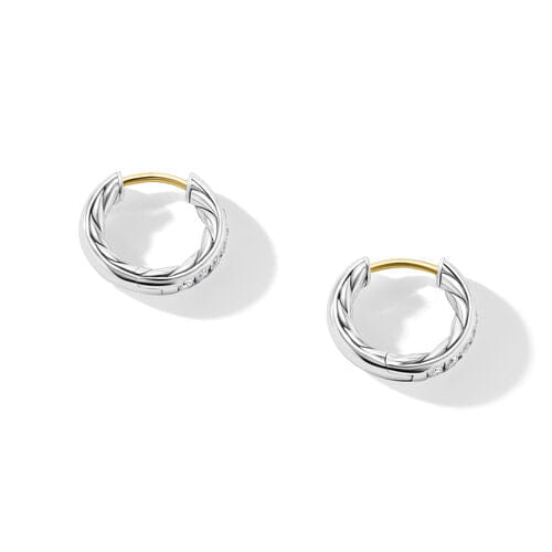 David Yurman Sculpted Cable Huggie Hoop Earrings in Sterling Silver with Diamonds