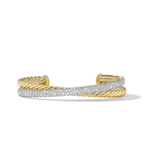 David Yurman Pavé Crossover Two Row Cuff Bracelet in 18K Yellow Gold with Diamonds, Size Medium