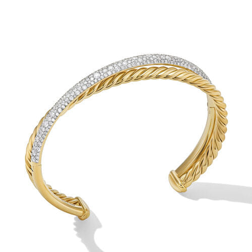 David Yurman Pavé Crossover Two Row Cuff Bracelet in 18K Yellow Gold with Diamonds, Size Medium