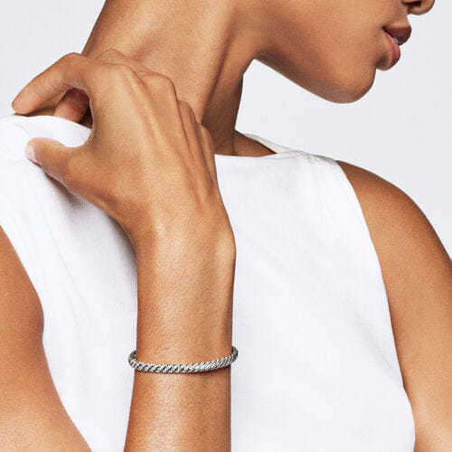 David Yurman Sculpted Cable Bangle Bracelet in 18K White Gold with Diamonds, Size Medium