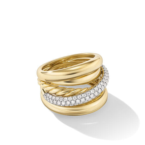 David Yurman Pavé Crossover Five Row Ring in 18K Yellow Gold with Diamonds, Size 8