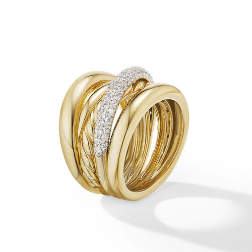 David Yurman Pavé Crossover Five Row Ring in 18K Yellow Gold with Diamonds, Size 8