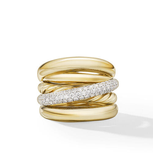 David Yurman Pavé Crossover Five Row Ring in 18K Yellow Gold with Diamonds, Size 8