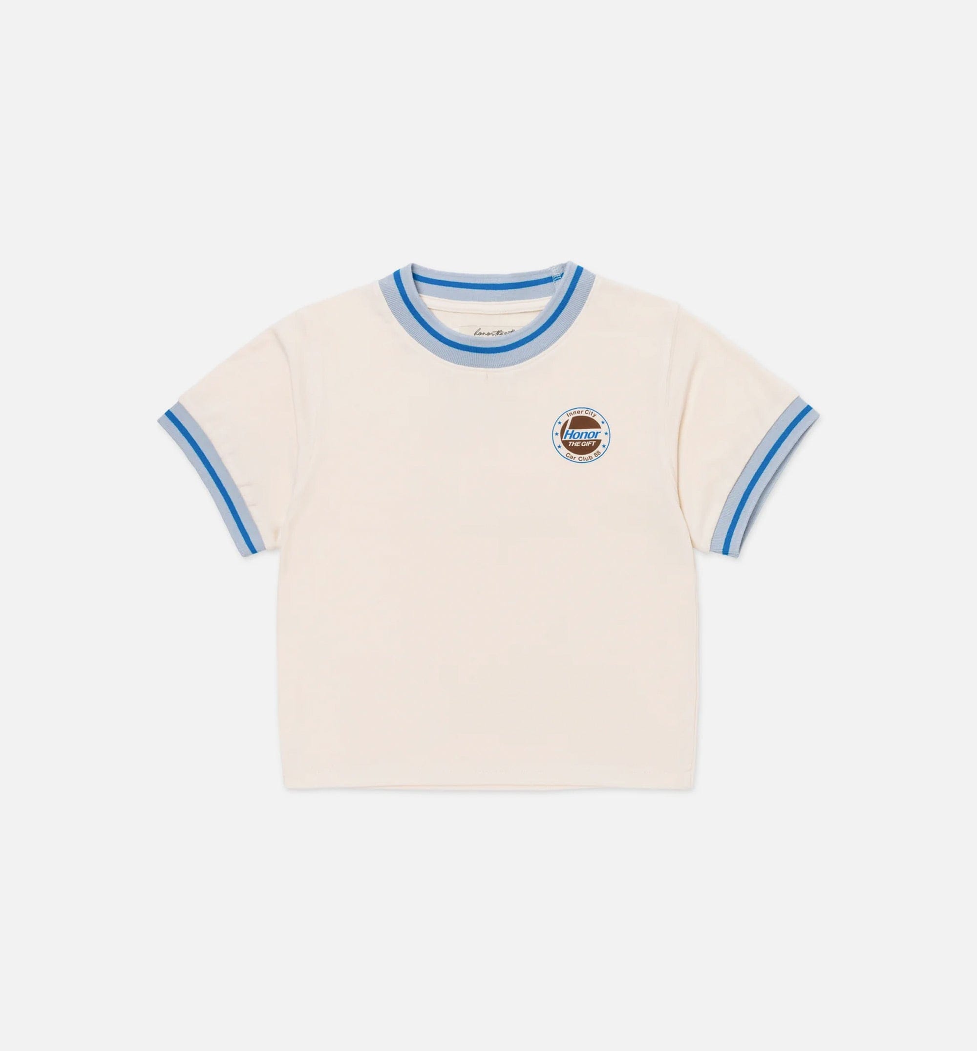 HONOR Multi Color Ringer Womens Short Sleeve Shirt - Blue/Cream