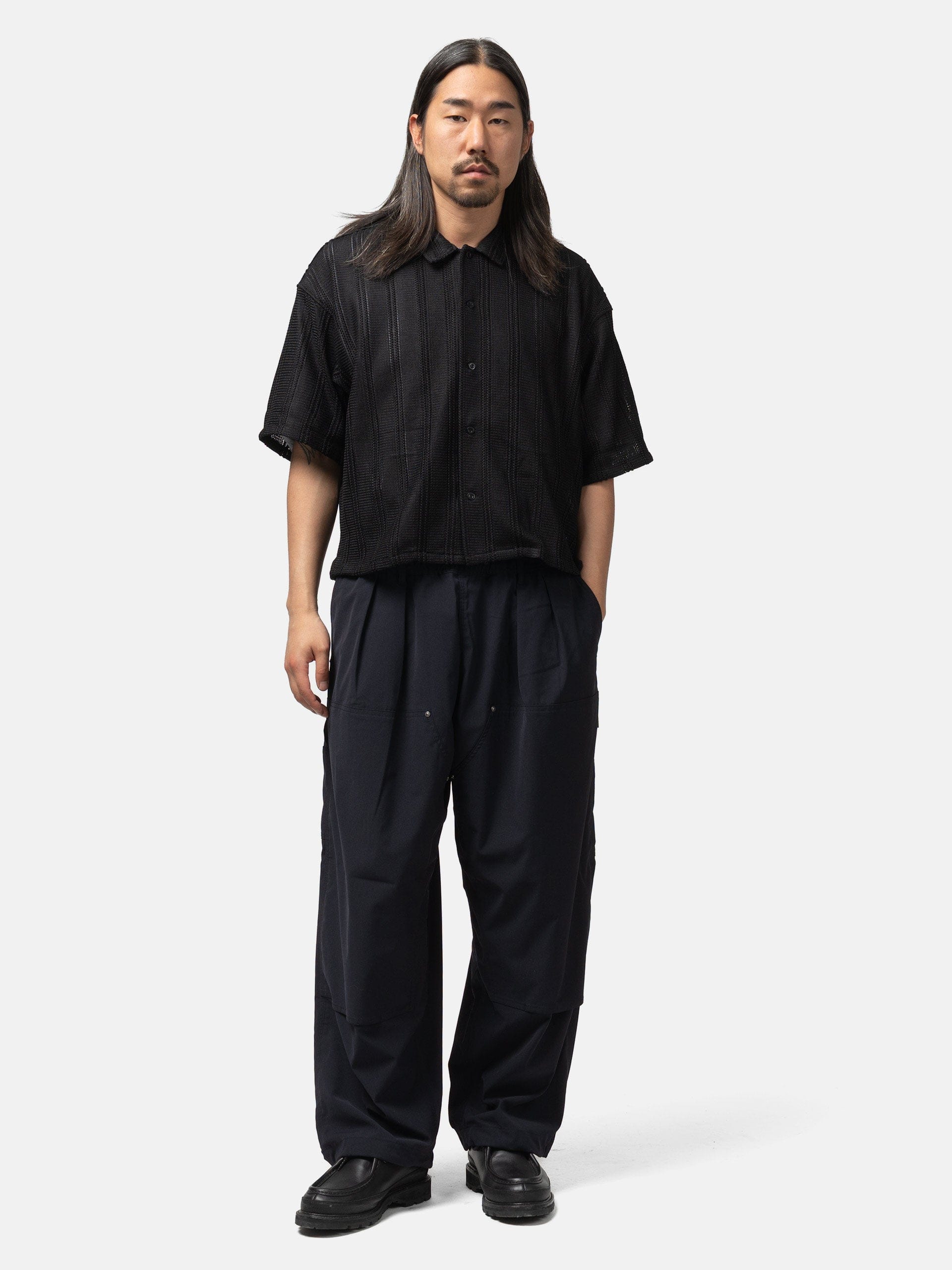 BEAMS Mesh Open Collar Shirt Black