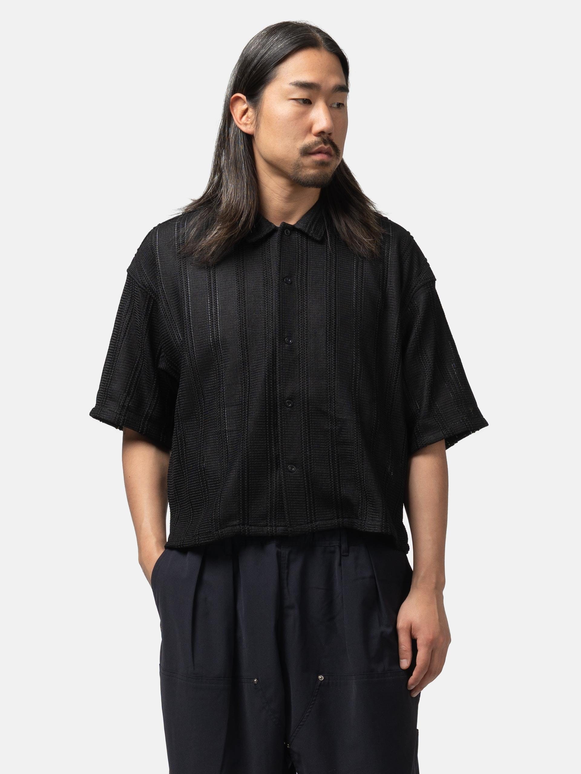 BEAMS Mesh Open Collar Shirt Black