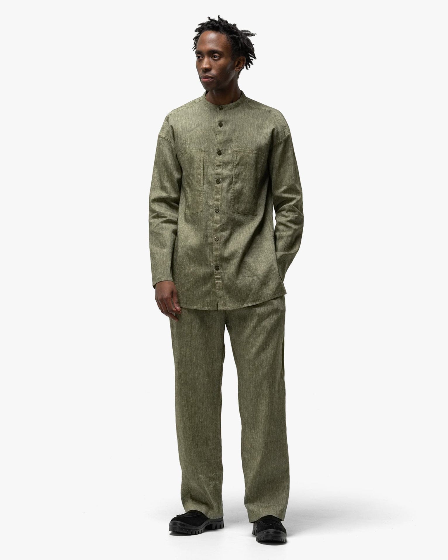 Cale Linen Wool Light Garment Dye Shirt Green