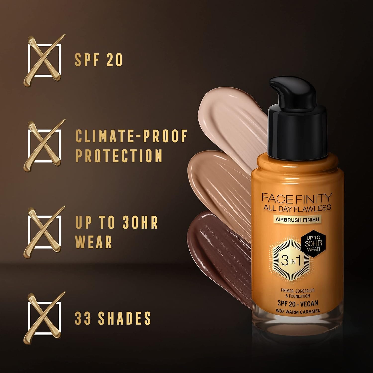 Max Factor Facefinity All Day Flawless 3 in 1 Liquid Foundation Warm Caramel 087
