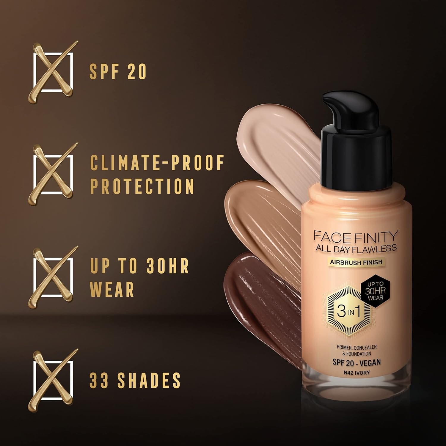 Max Factor Facefinity 3-in-1 All Day Flawless Liquid Foundation, SPF 20 - 42 Ivory