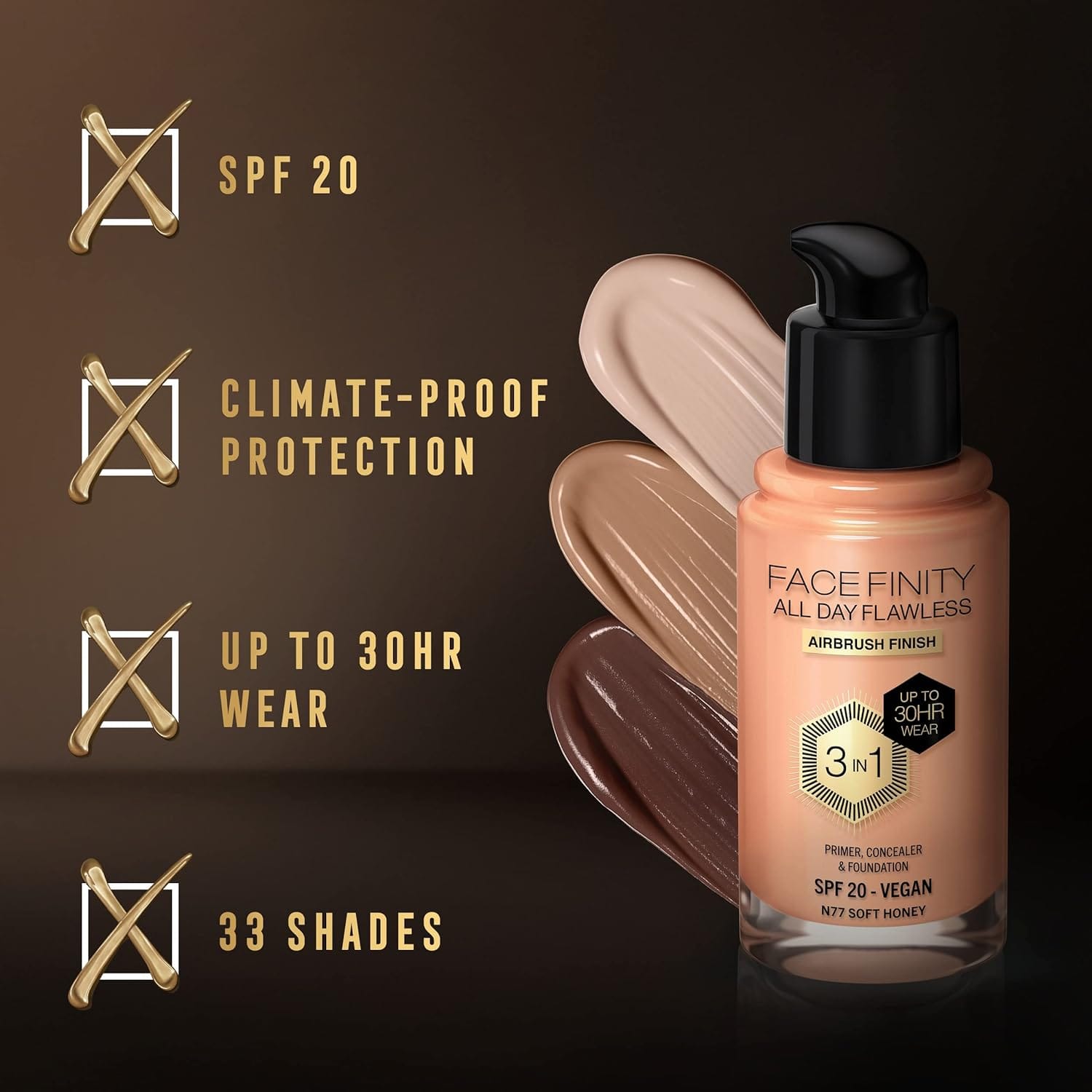 Max Factor Facefinity 3-in-1 All Day Flawless Liquid Foundation, SPF 20 - 77 Soft Honey