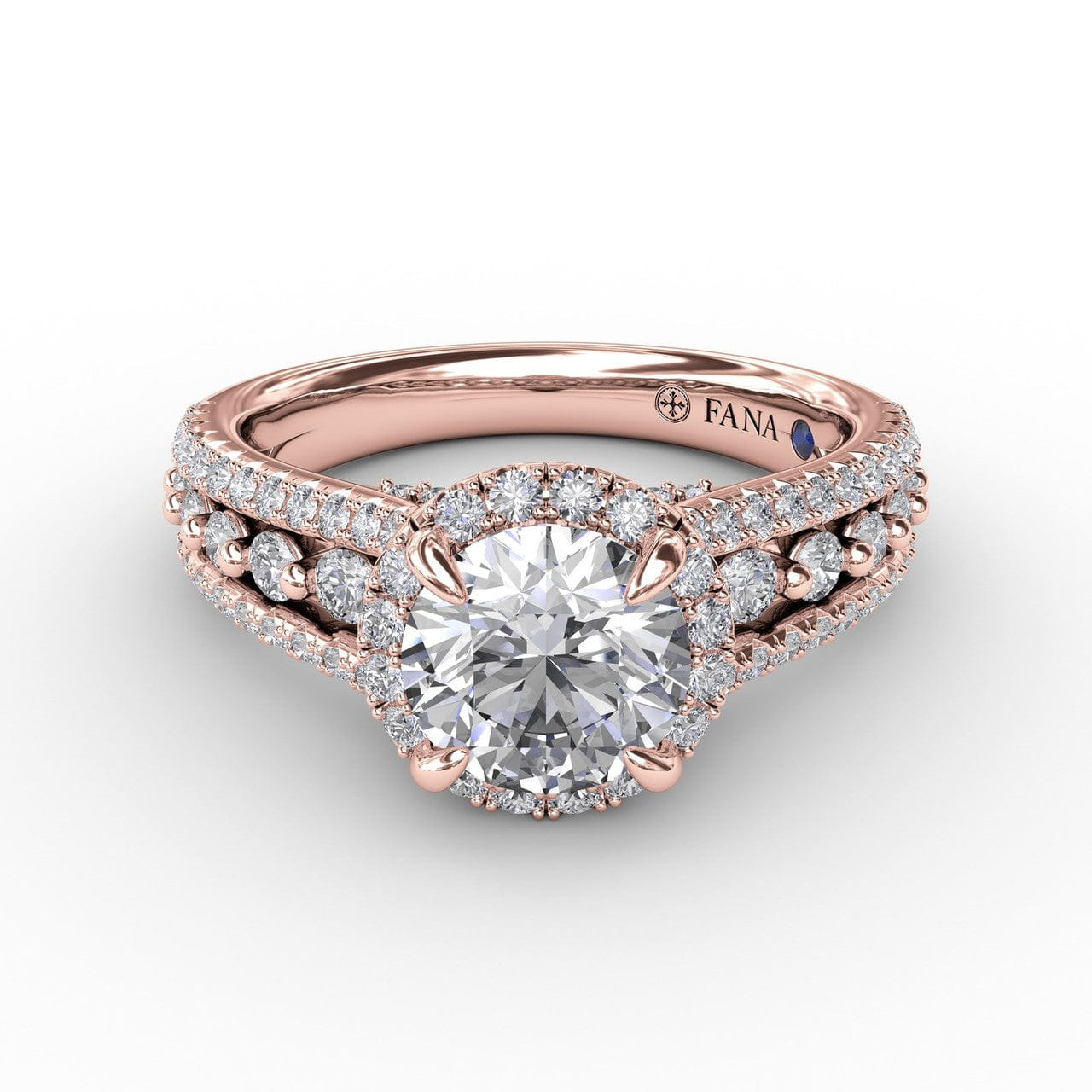 Fana Classic Round Diamond Halo Engagement Ring With Triple-Row Diamond Band