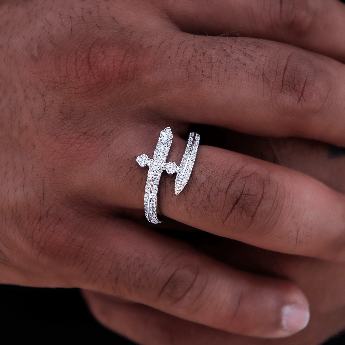 GLD PROMO Diamond Sword Ring in White Gold Vermeil