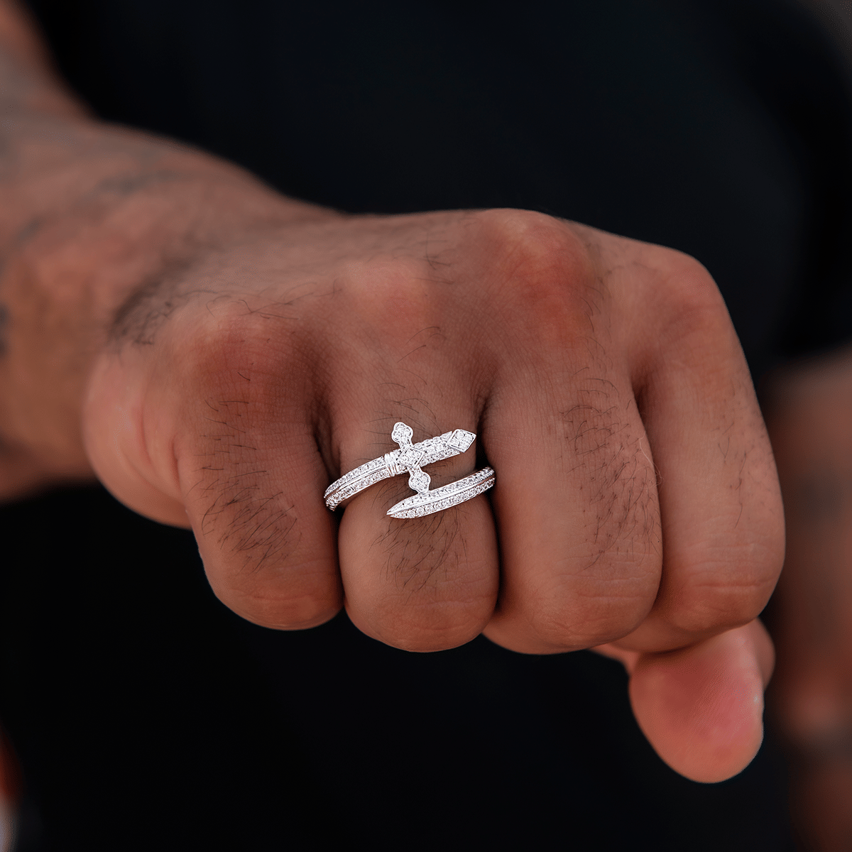 GLD PROMO Diamond Sword Ring in White Gold Vermeil