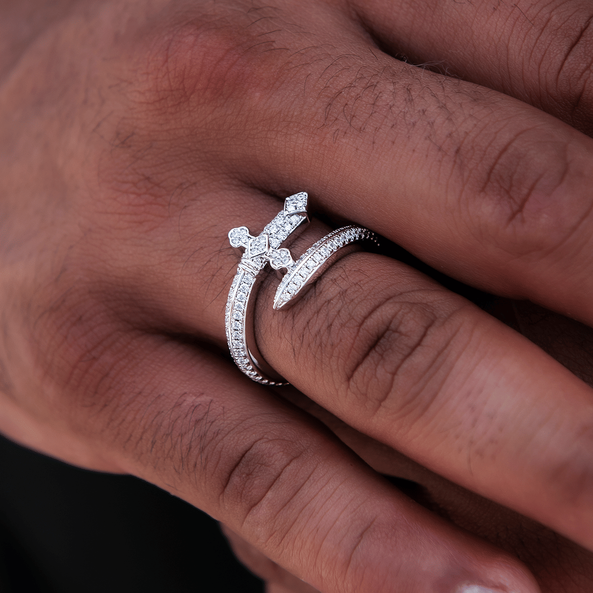 GLD PROMO Diamond Sword Ring in White Gold Vermeil