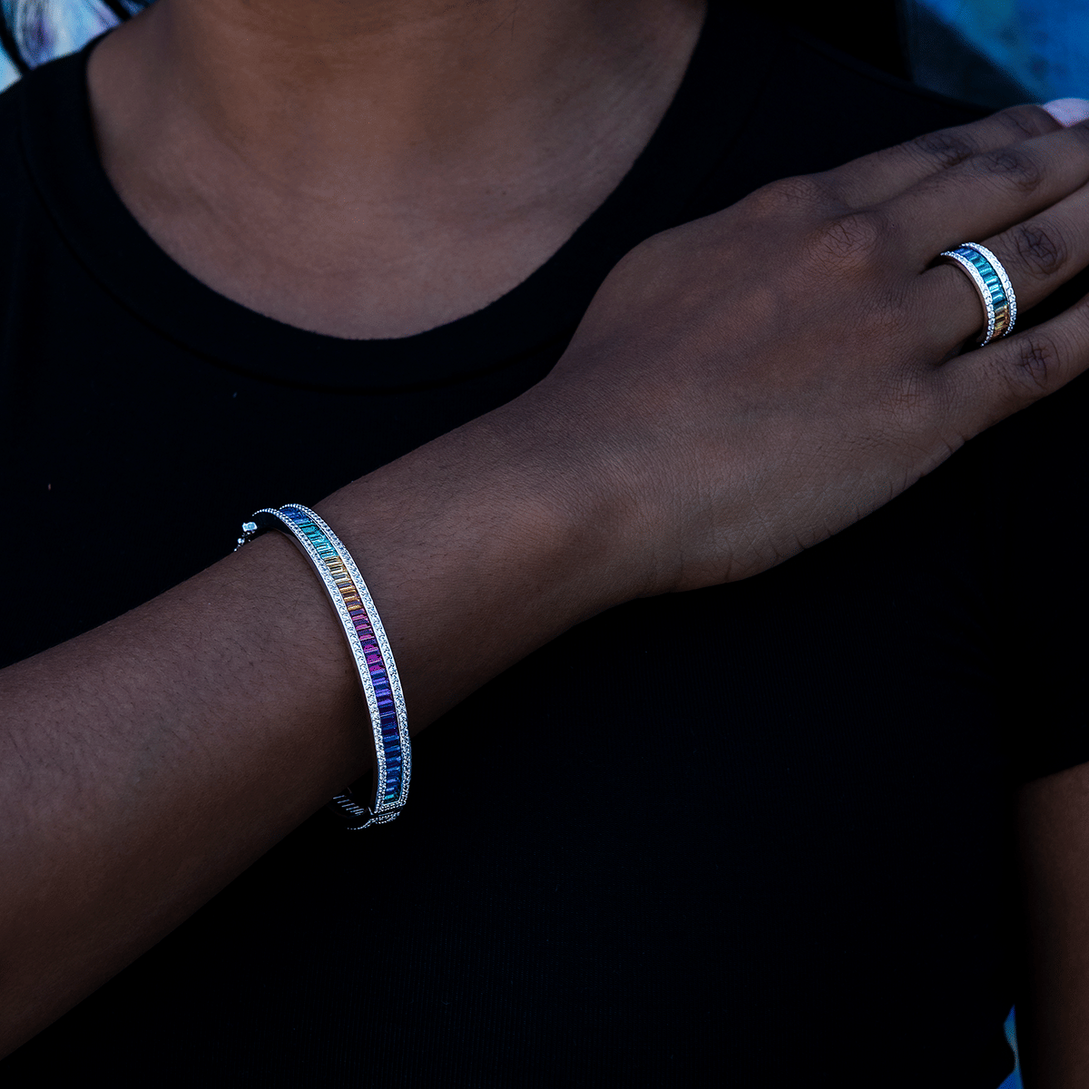 GLD PROMO - WOMEN Iced Rainbow Bangle in White Gold