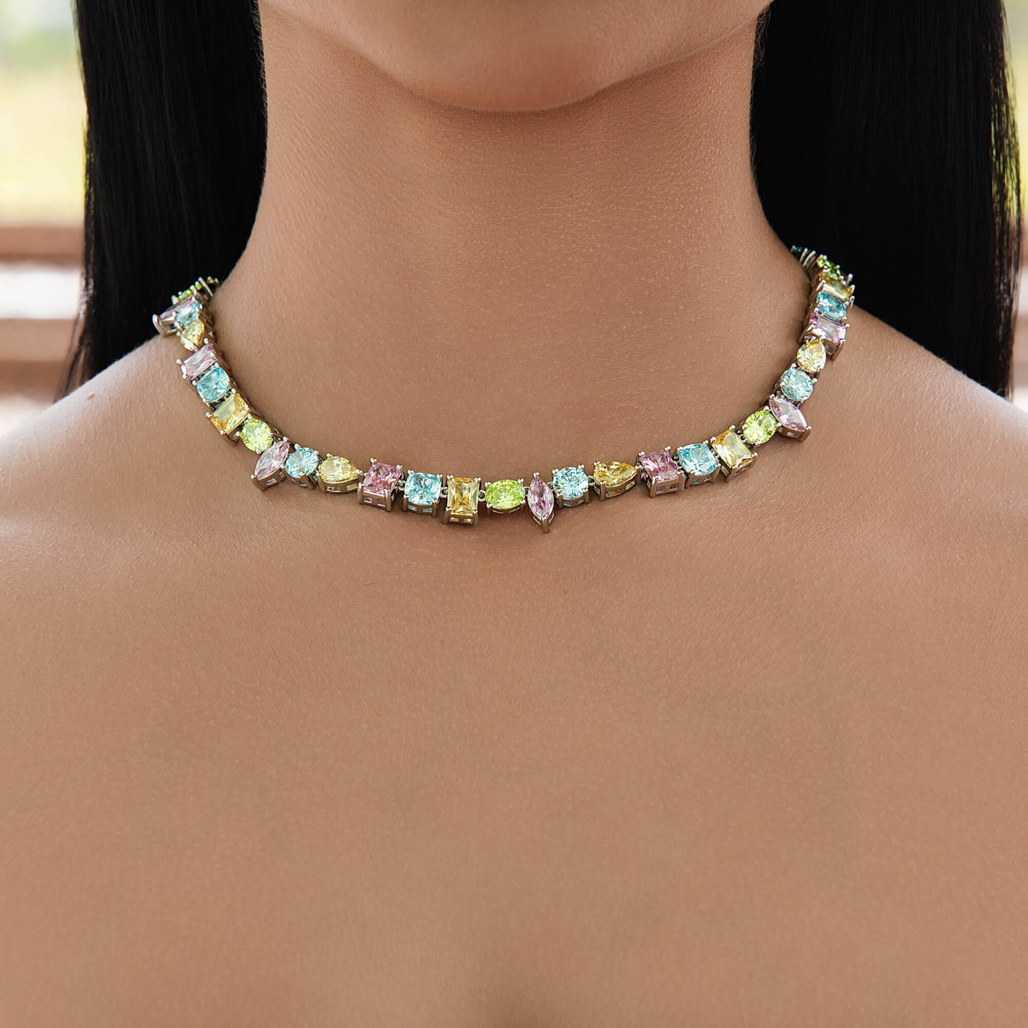GLD Women Floating Pastel Multicolor Stone Necklace in White Gold