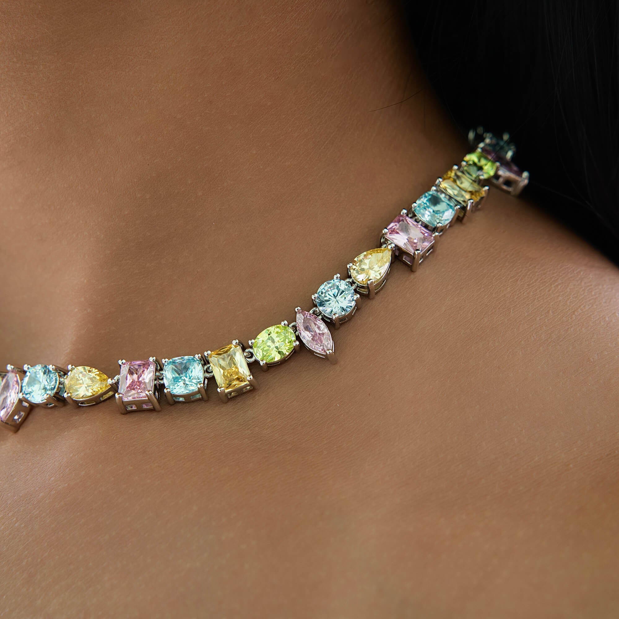 GLD Women Floating Pastel Multicolor Stone Necklace in White Gold