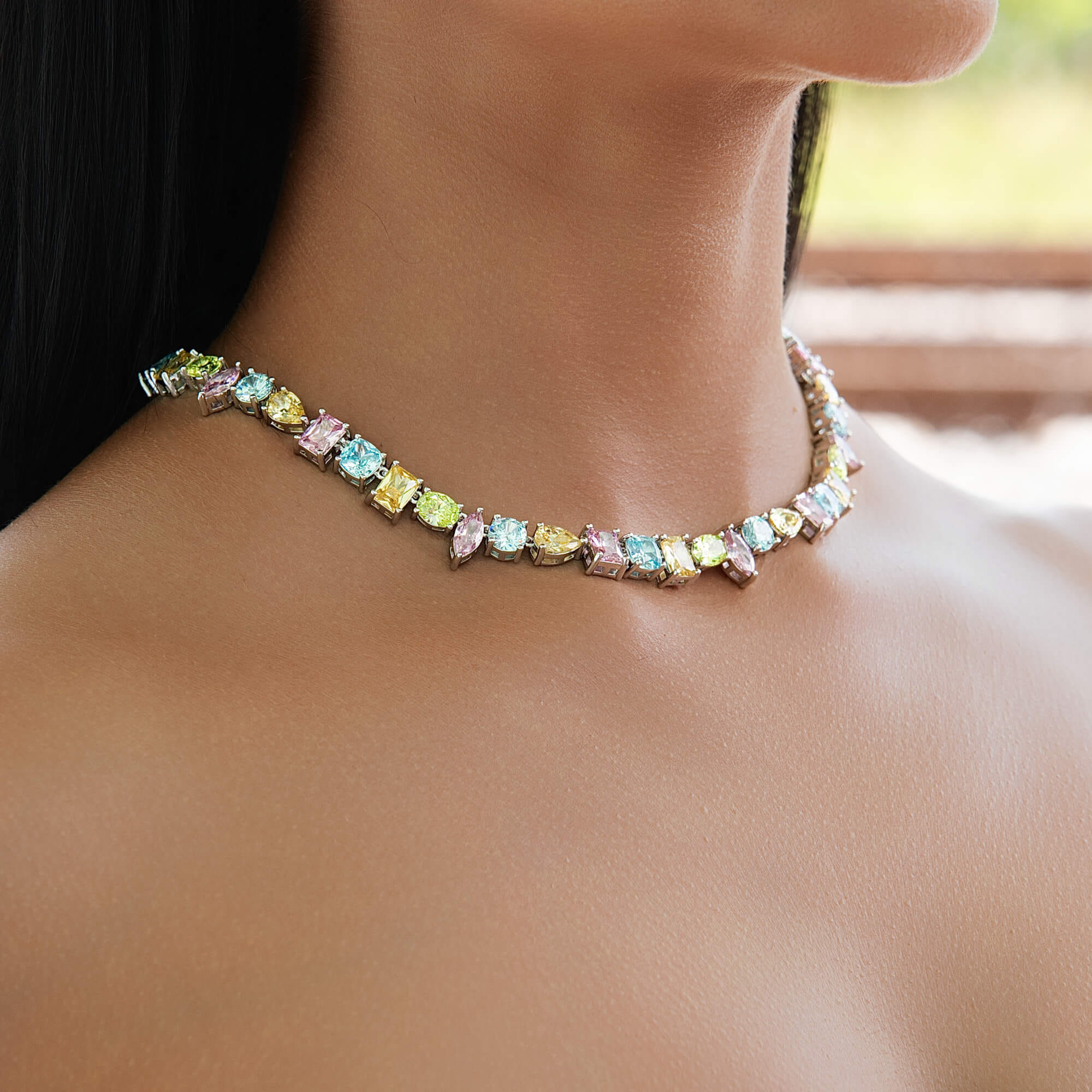 GLD Women Floating Pastel Multicolor Stone Necklace in White Gold