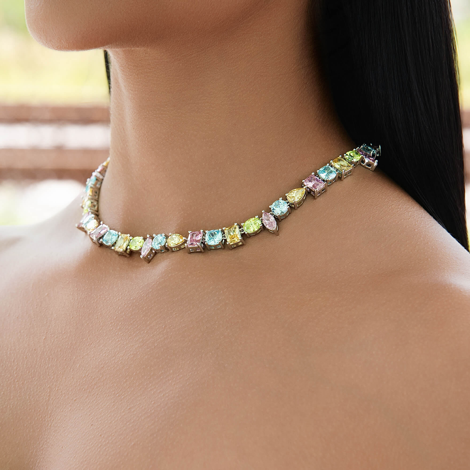 GLD Women Floating Pastel Multicolor Stone Necklace in White Gold