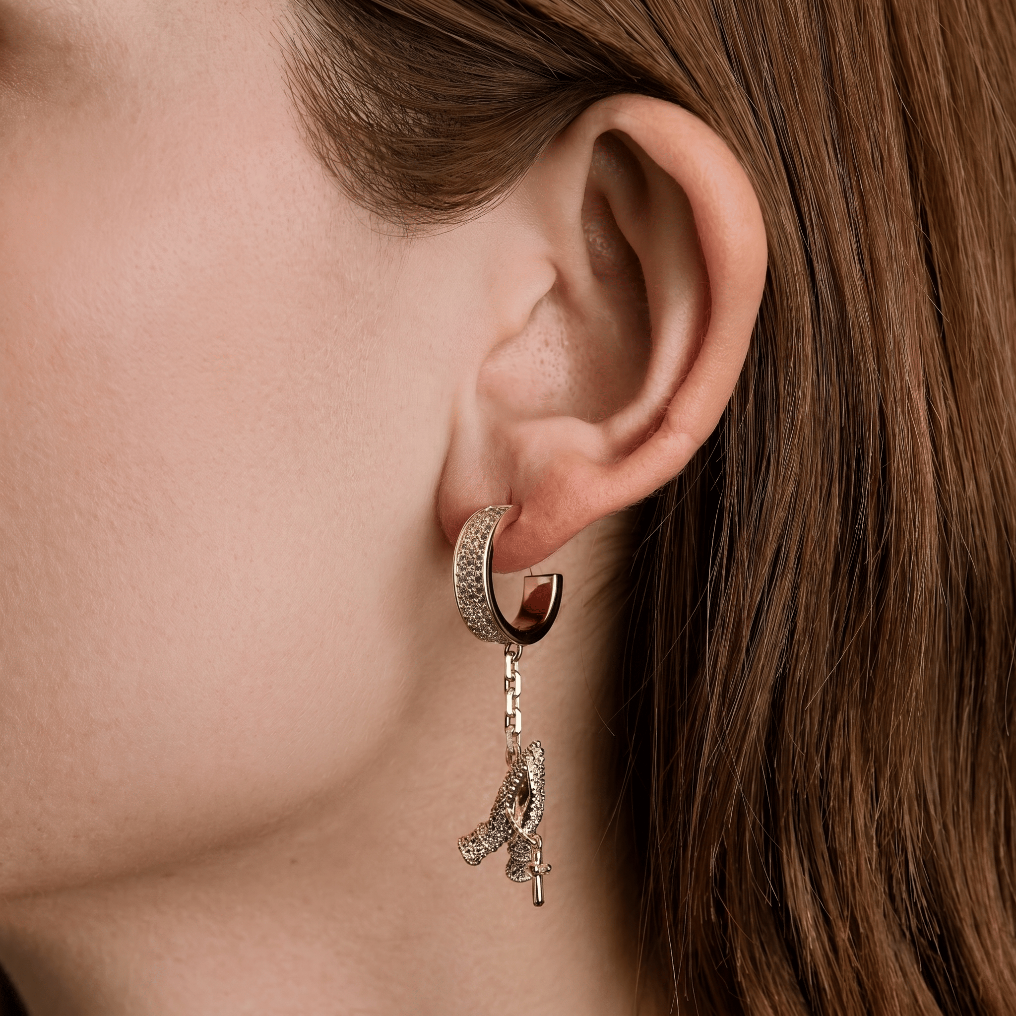 GLD Women Iced Hanging Praying Hands Hoop Earring in Yellow Gold