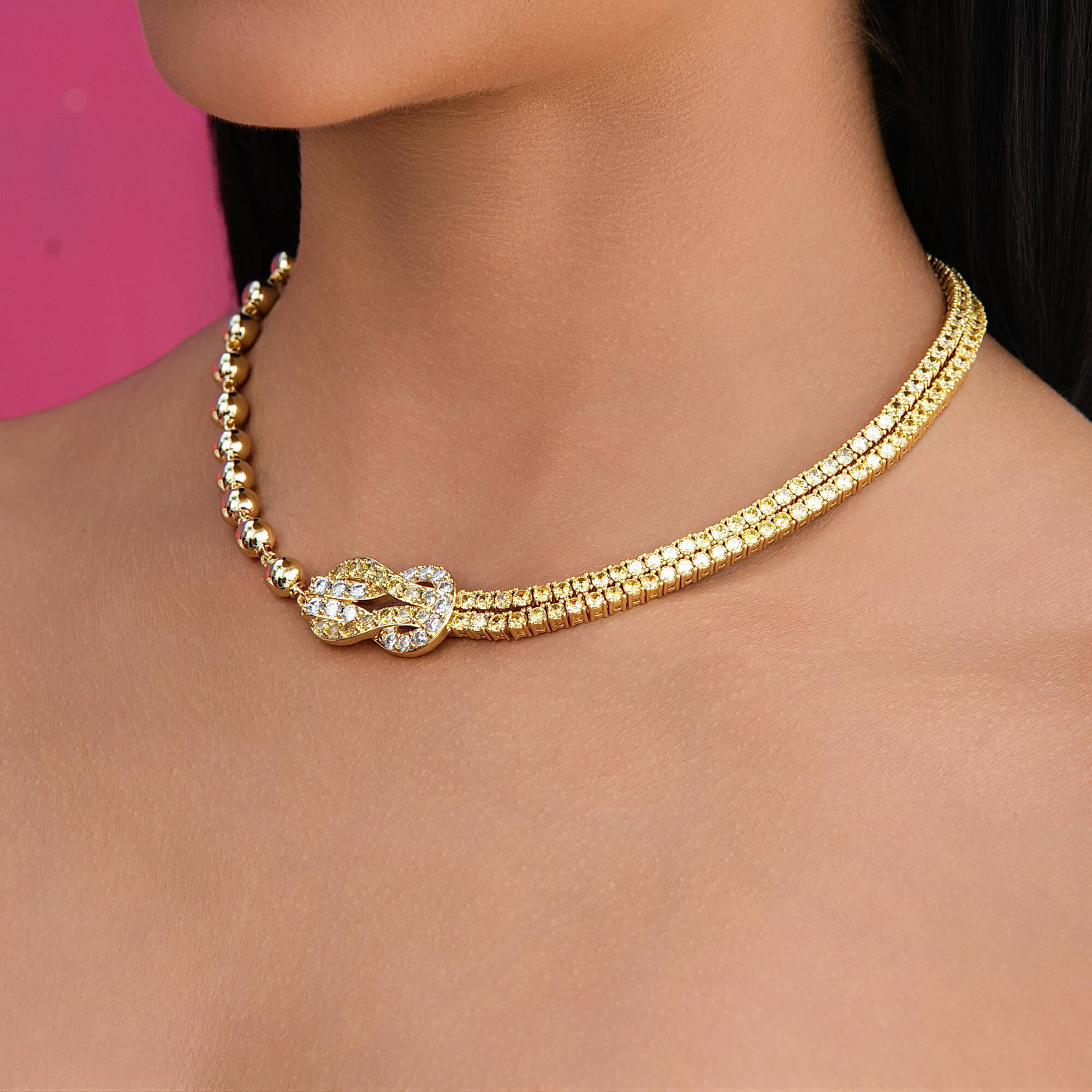 GLD Women Iced Canary Locked Ball Tennis Chain Necklace in Yellow Gold - 6mm