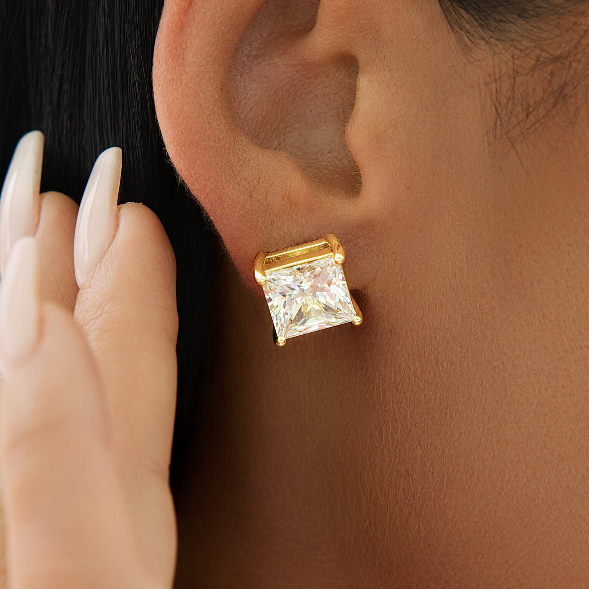 GLD Women 10MM Square Cut Diamond Stud Earring in Yellow Gold